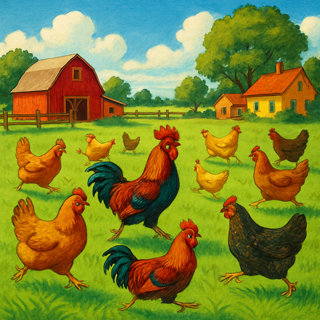 A fun farm scene with chickens running around